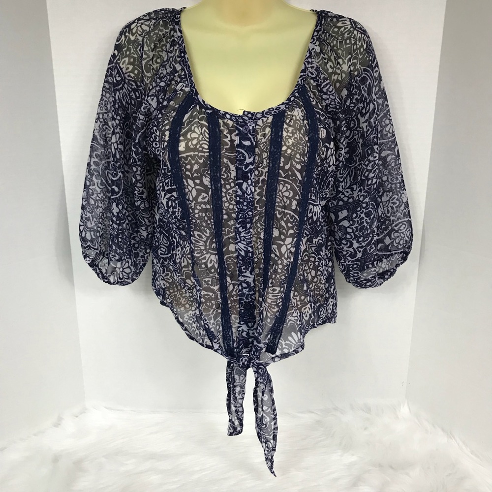 Full Tilt Navy Floral Semi Sheer Button Tie Front